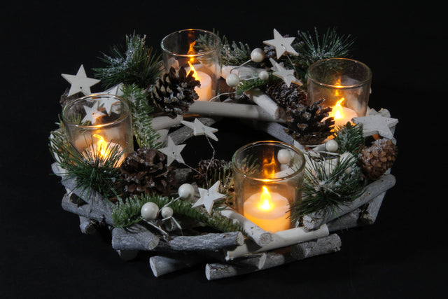 ghirlanda centrotavola natalizio in legno con portacandele - 30 cm