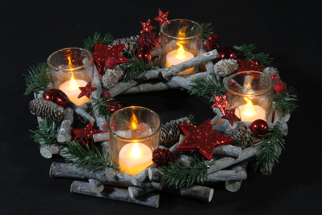 ghirlanda centrotavola natalizio in legno con portacandele - 30 cm