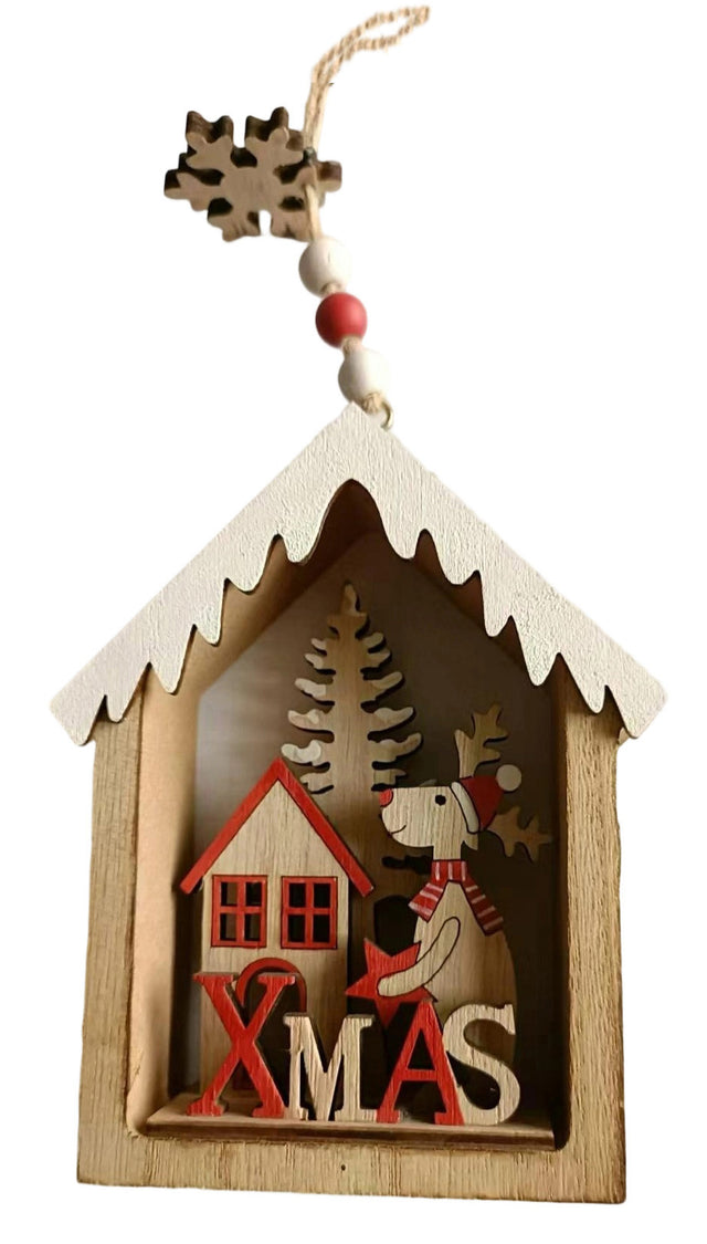 decorazione albero di natale - casetta in legno - naturale/rosso - 3 pz