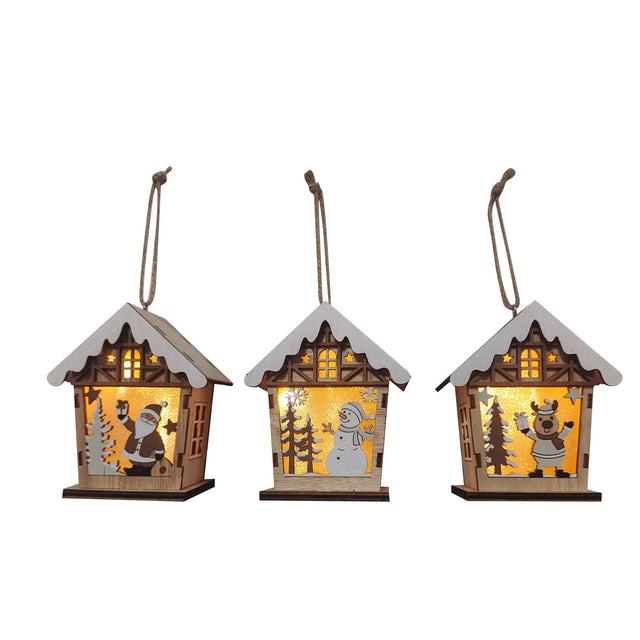 decorazione albero di natale in legno - casetta -  set 6 pz, 2 per motivo