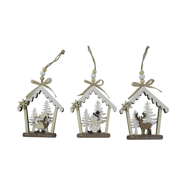 decorazione albero di natale in legno - casetta -  set 6 pz, 2 per motivo