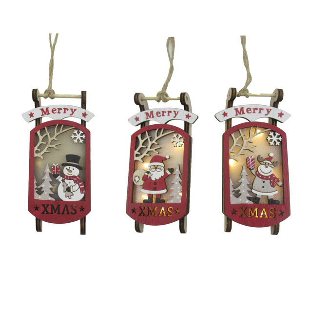 decorazione albero di natale in legno - slitta da appendere - set 6 pz