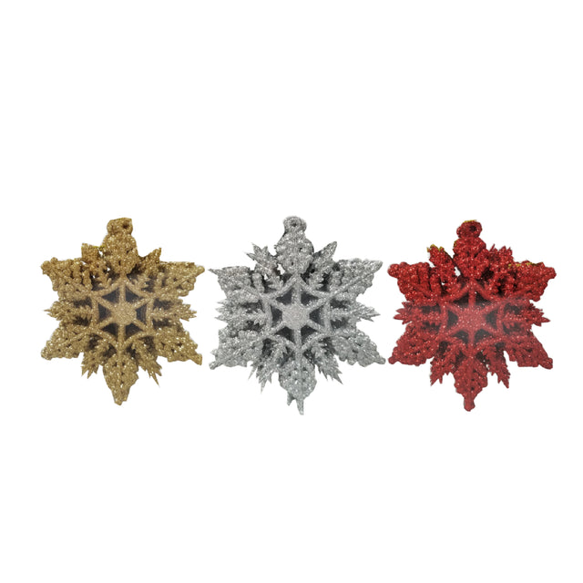 decorazione albero di natale - fiocco di neve - rosso,oro e argento - 1 scatola da 12 pz per colore